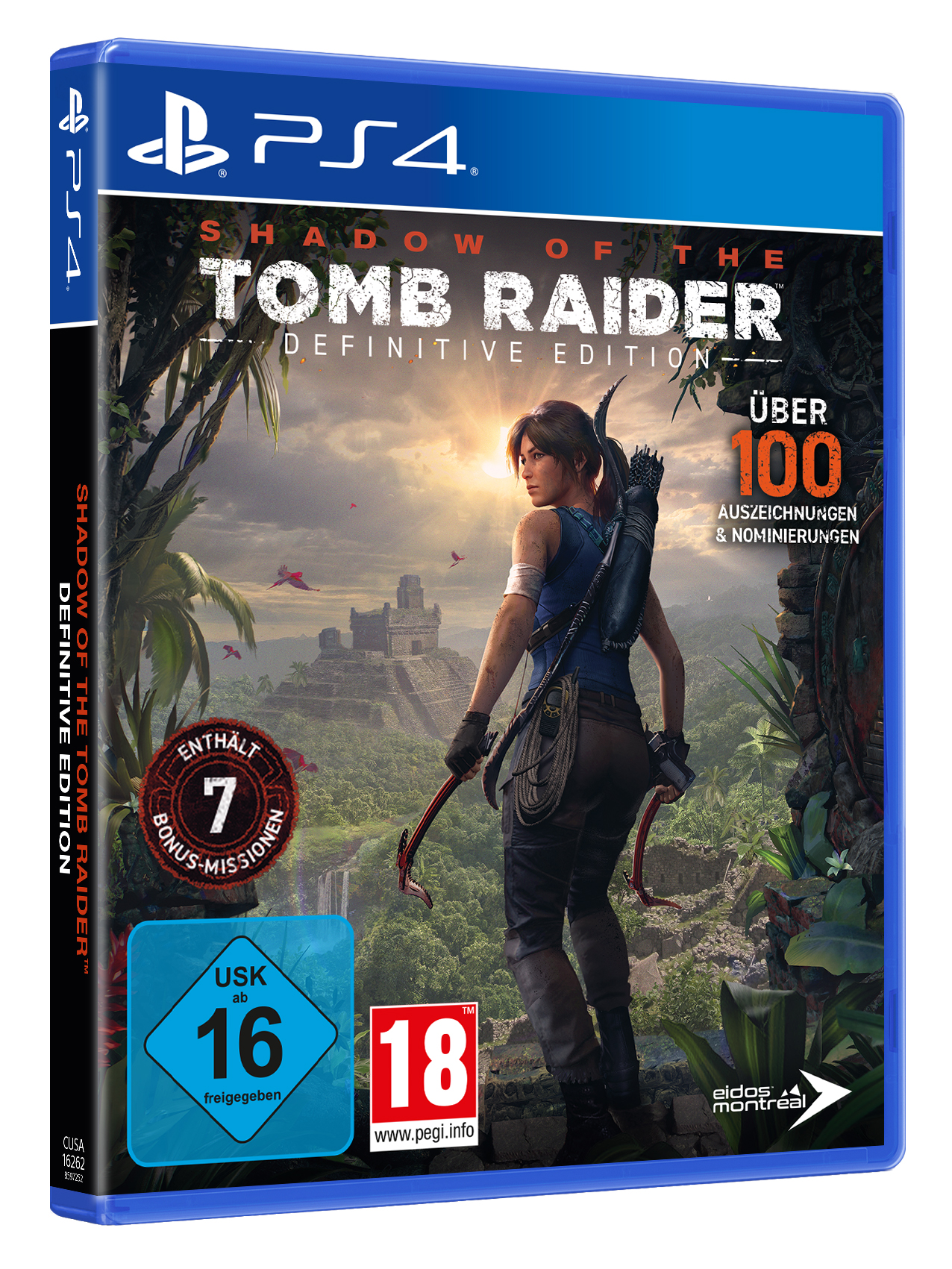 PS4-Spielbox für Shadow of the Tomb Raider. Zeigt Lara Croft, Dschungel-Kulisse und Spieldetails.