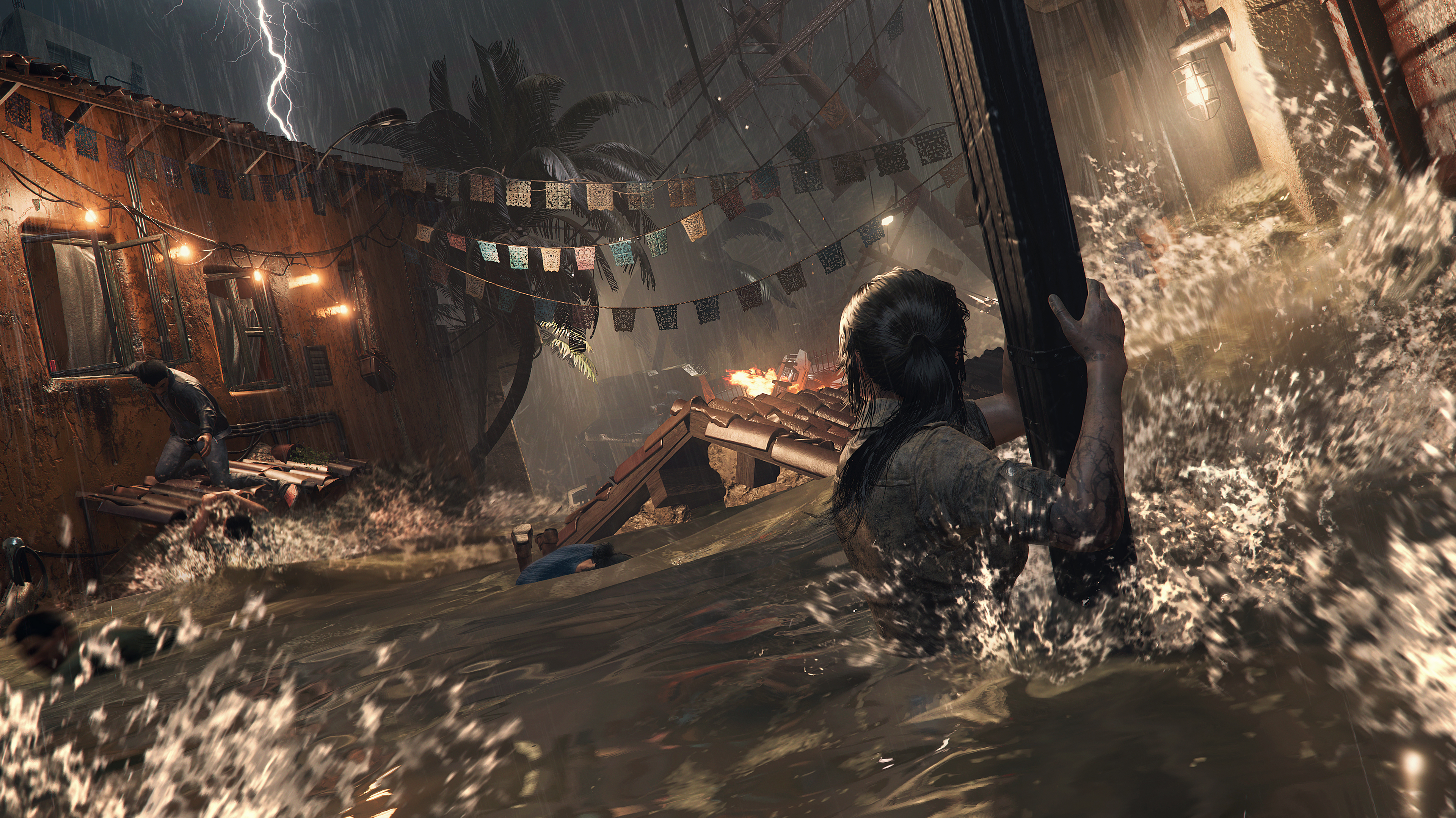 Frau kämpft in Flut. Gebäude und Blitze im Hintergrund, Wasser hoch.