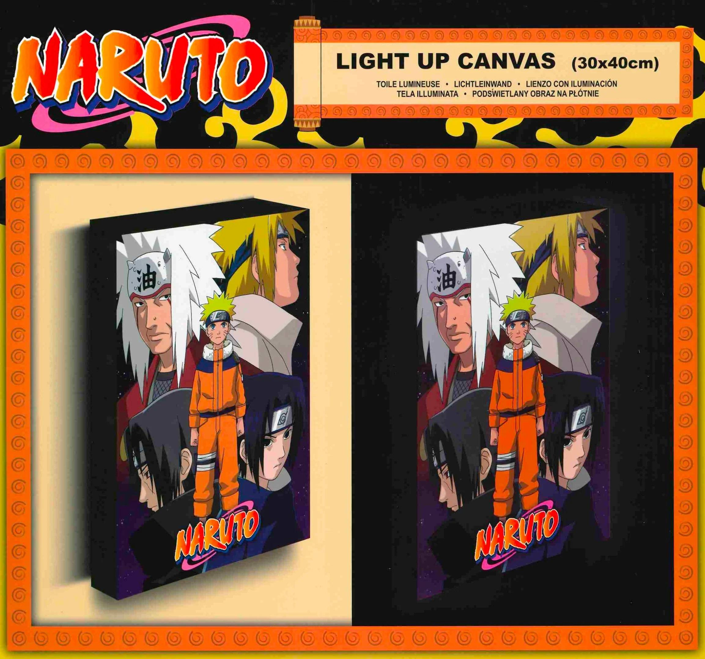 Dos impresiones en lienzo de Naruto con Naruto, Sasuke y Jiraiya. El lienzo tiene un marco amarillo.