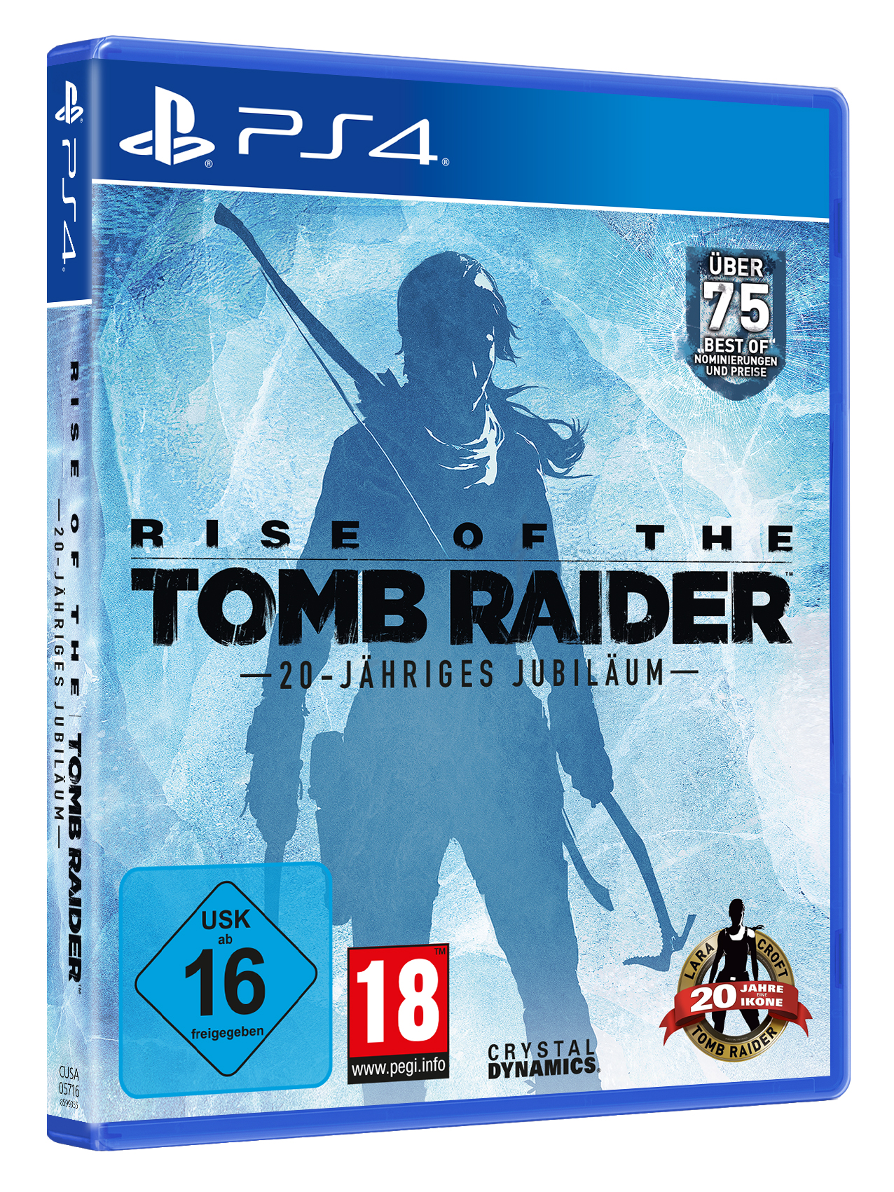 Ein blaues PS4-Spielcase mit dem Titel 'Rise of the Tomb Raider' und einer Silhouette einer Frau mit Bogen.