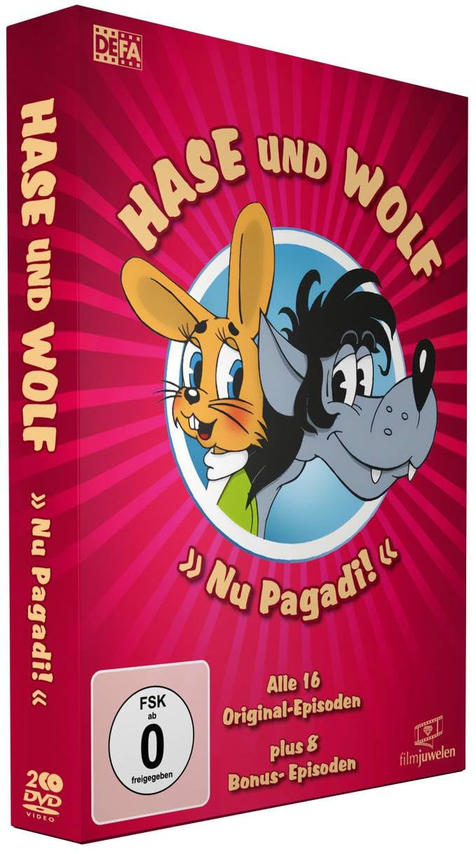 DVD-Hülle, roter Hintergrund, Zeichentrickfiguren Hase und Wolf, Text 'Hase und Wolf' und 'Nu Pagadi!'