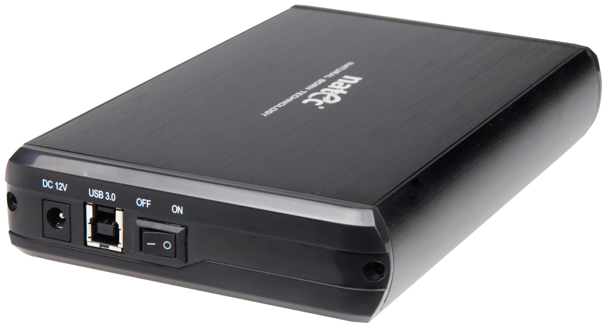 Czarny zewnętrzny dysk twardy z portami USB 3.0 i zasilania. Powierzchnia jest matowa czarna.