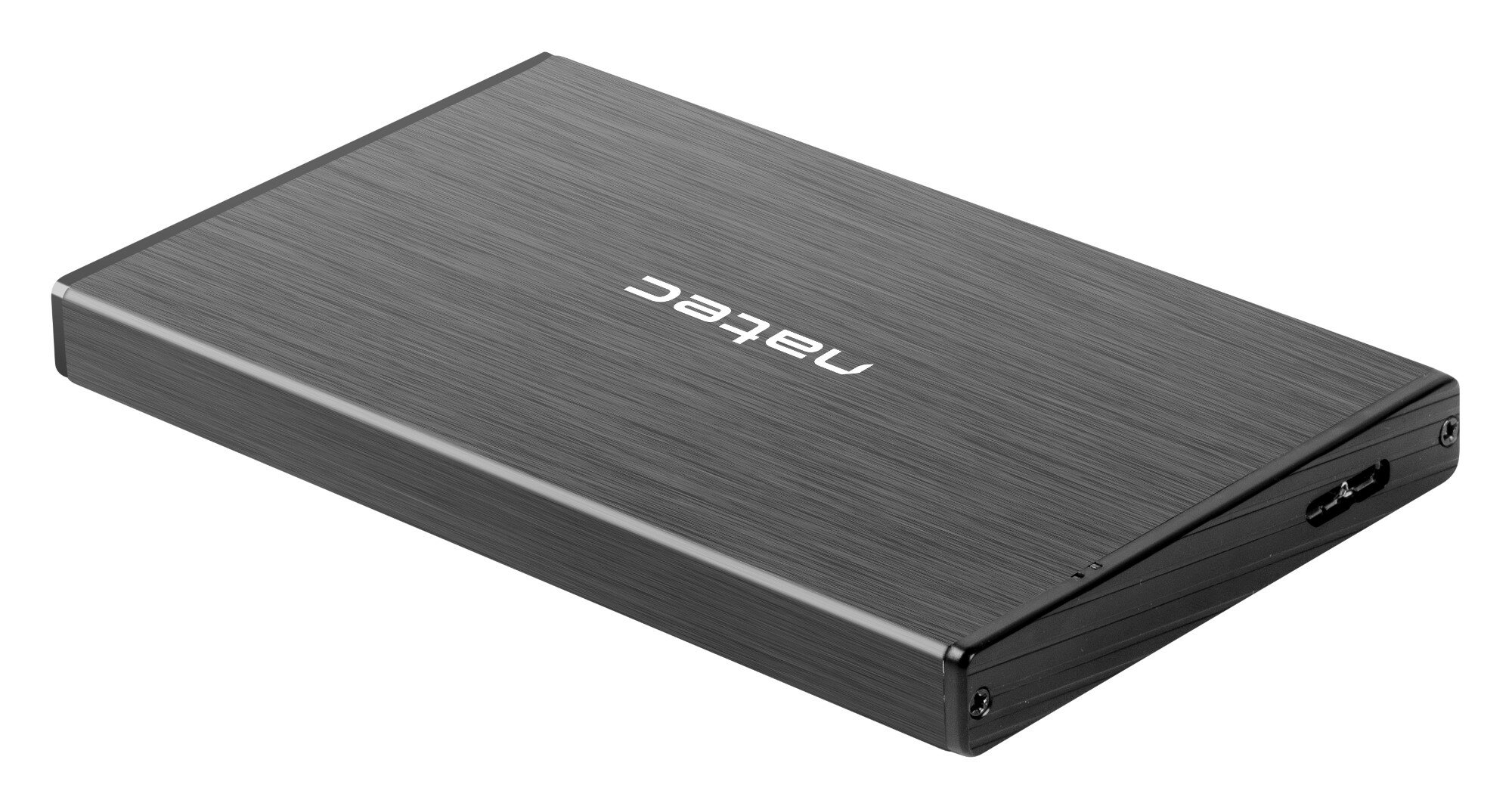 Czarny, prostokątny dysk twardy zewnętrzny Natec, szczotkowane metalowe wykończenie, widok z ukosa, białe tło.