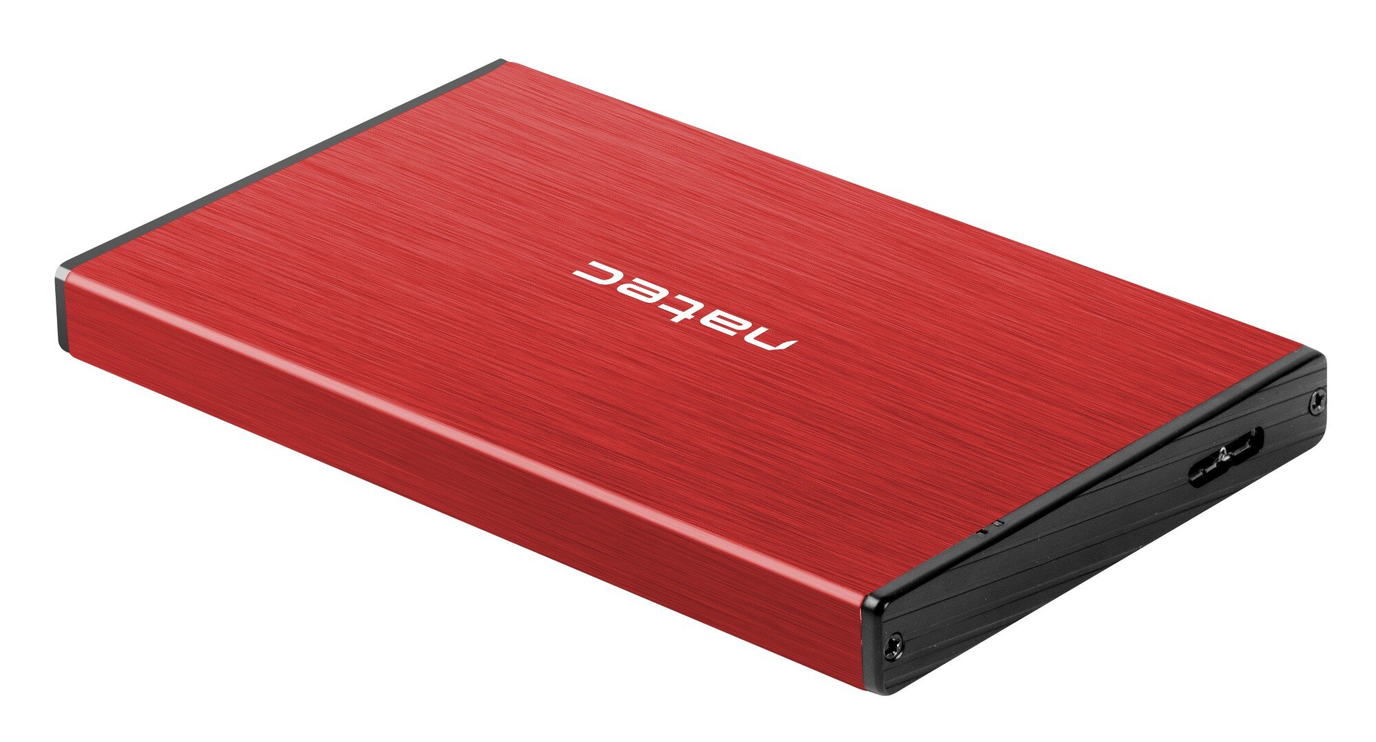 Czerwony zewnętrzny dysk twardy. Słowo 'natec' wydrukowano na górnej powierzchni na biało.