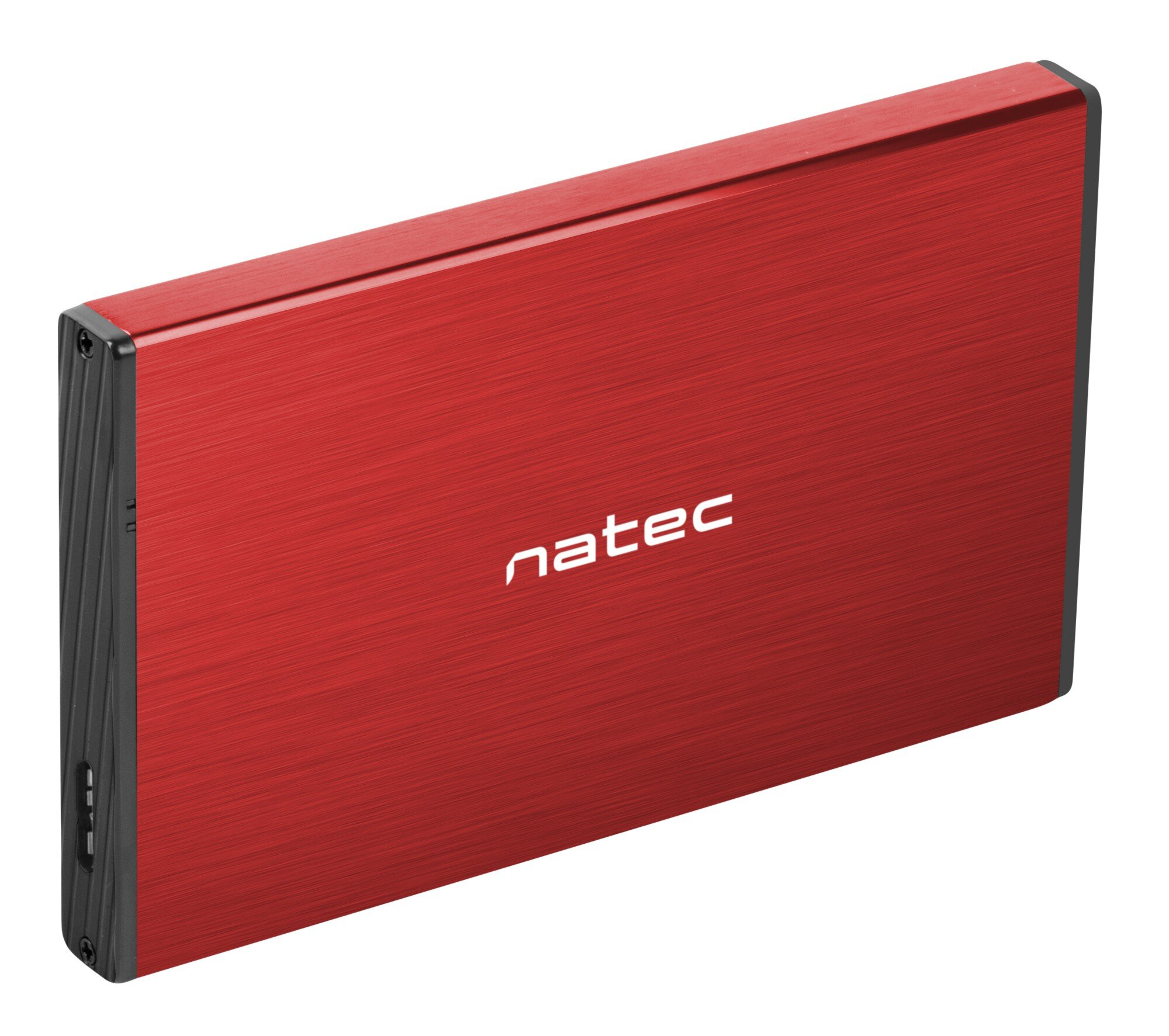 Czerwony dysk twardy zewnętrzny Natec z czarną krawędzią na białym tle.