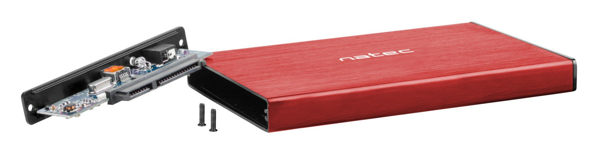 Czerwona obudowa zewnętrznego dysku twardego z płytką drukowaną i śrubami. Obudowa jest otwarta.