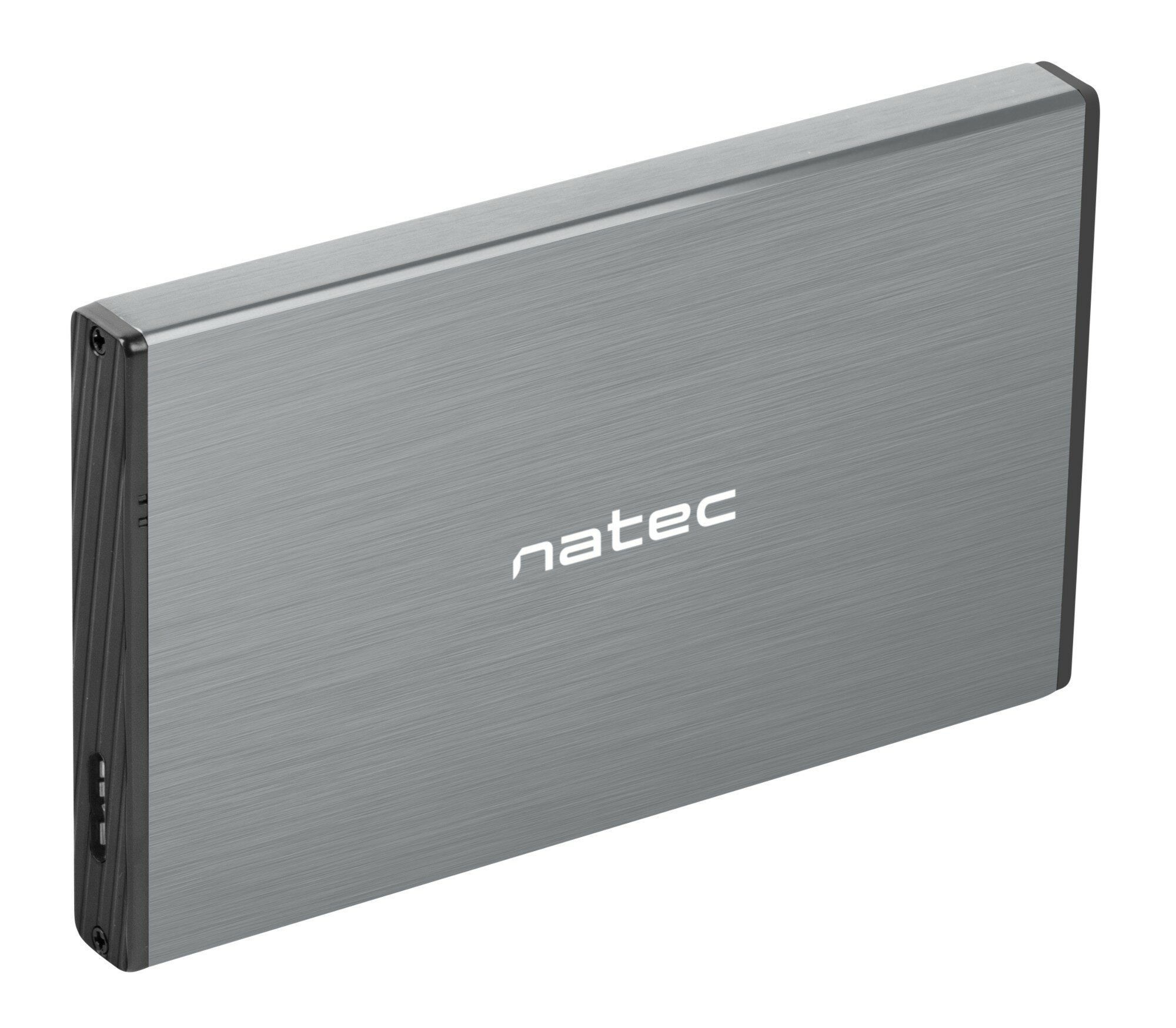 Srebrny dysk twardy zewnętrzny Natec. Nazwa marki jest wydrukowana na froncie na biało.