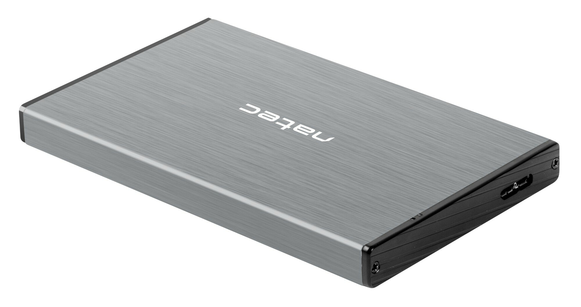 Srebrny dysk twardy. Logo Natec na górze.