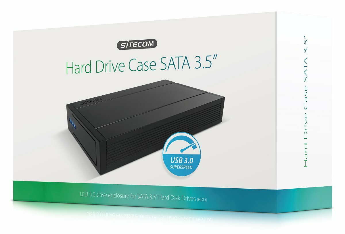 Białe pudełko z czarną obudową dysku twardego; etykieta USB 3.0.