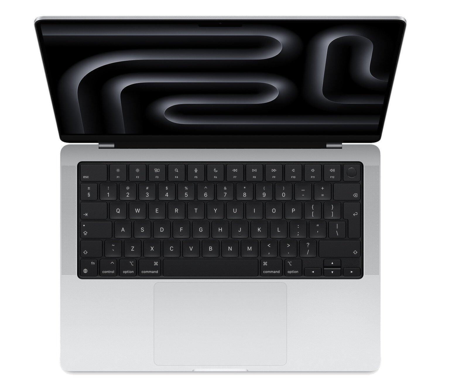 Widok z góry na srebrny laptop z otwartym ekranem, czarną klawiaturą i wzorem fal na ekranie.