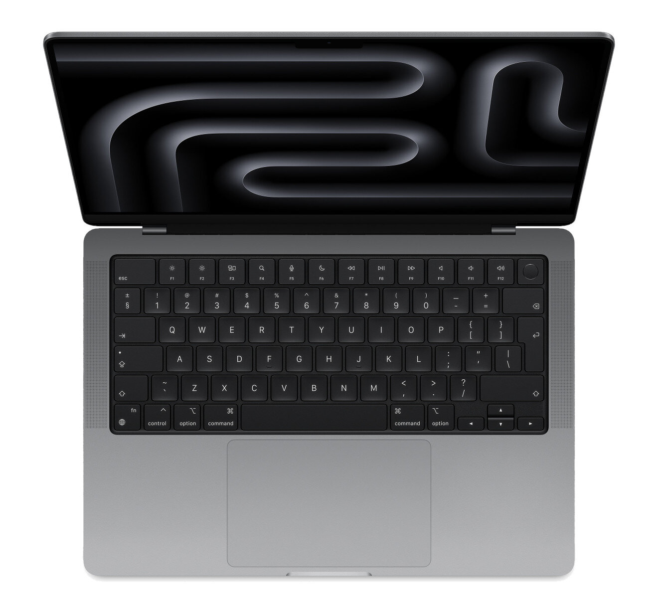 Otwarty laptop, pokazujący klawiaturę i ekran z czarno-białym wzorem.