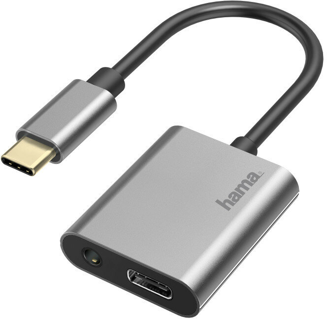 Srebrny kabel adaptera Hama USB-C do HDMI. Posiada port USB-C i HDMI.
