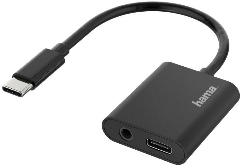 Czarny adapter audio USB-C do 3,5 mm. Marka Hama. Jeden USB-C i jedno gniazdo 3,5 mm.