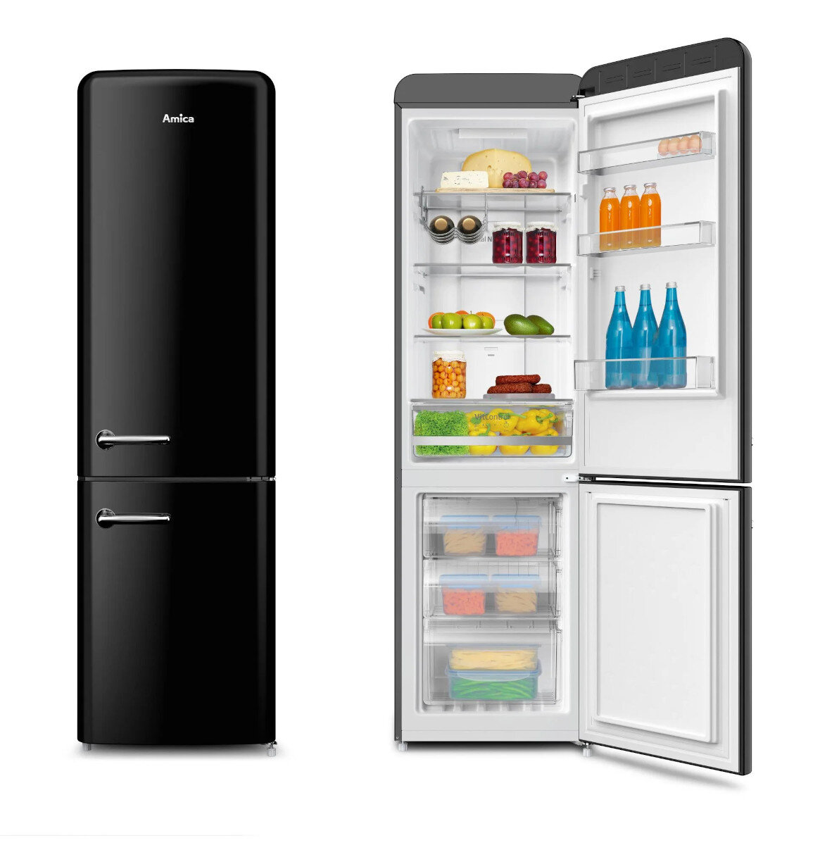 Czarna lodówka retro, otwarte drzwi z półkami z produktami spożywczymi.