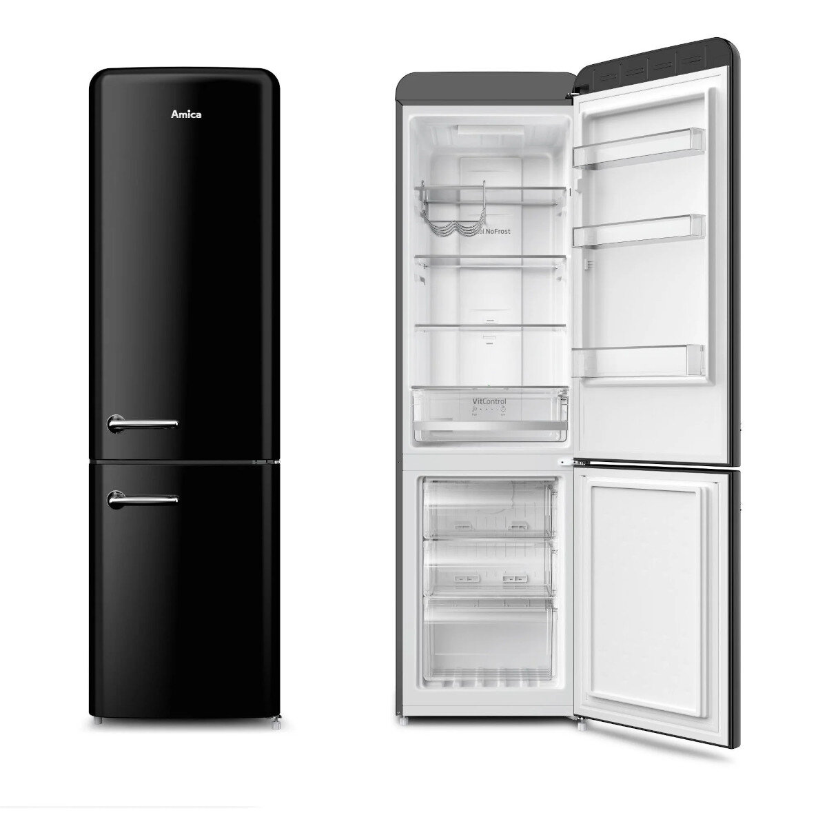 Czarna lodówka retro, otwarte drzwi. Białe wnętrze z półkami i szufladami.