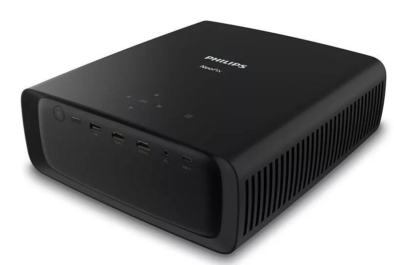 Czarny projektor Philips NeoPix na białym tle.
