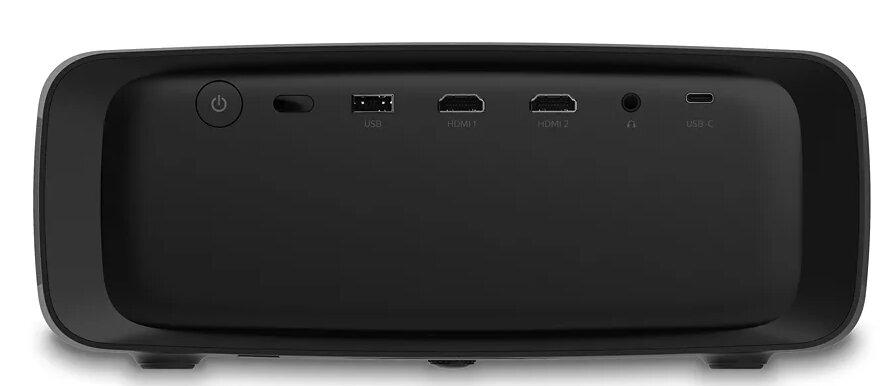 Czarny projektor z różnymi portami. Zawiera zasilanie, USB, HDMI i USB-C.