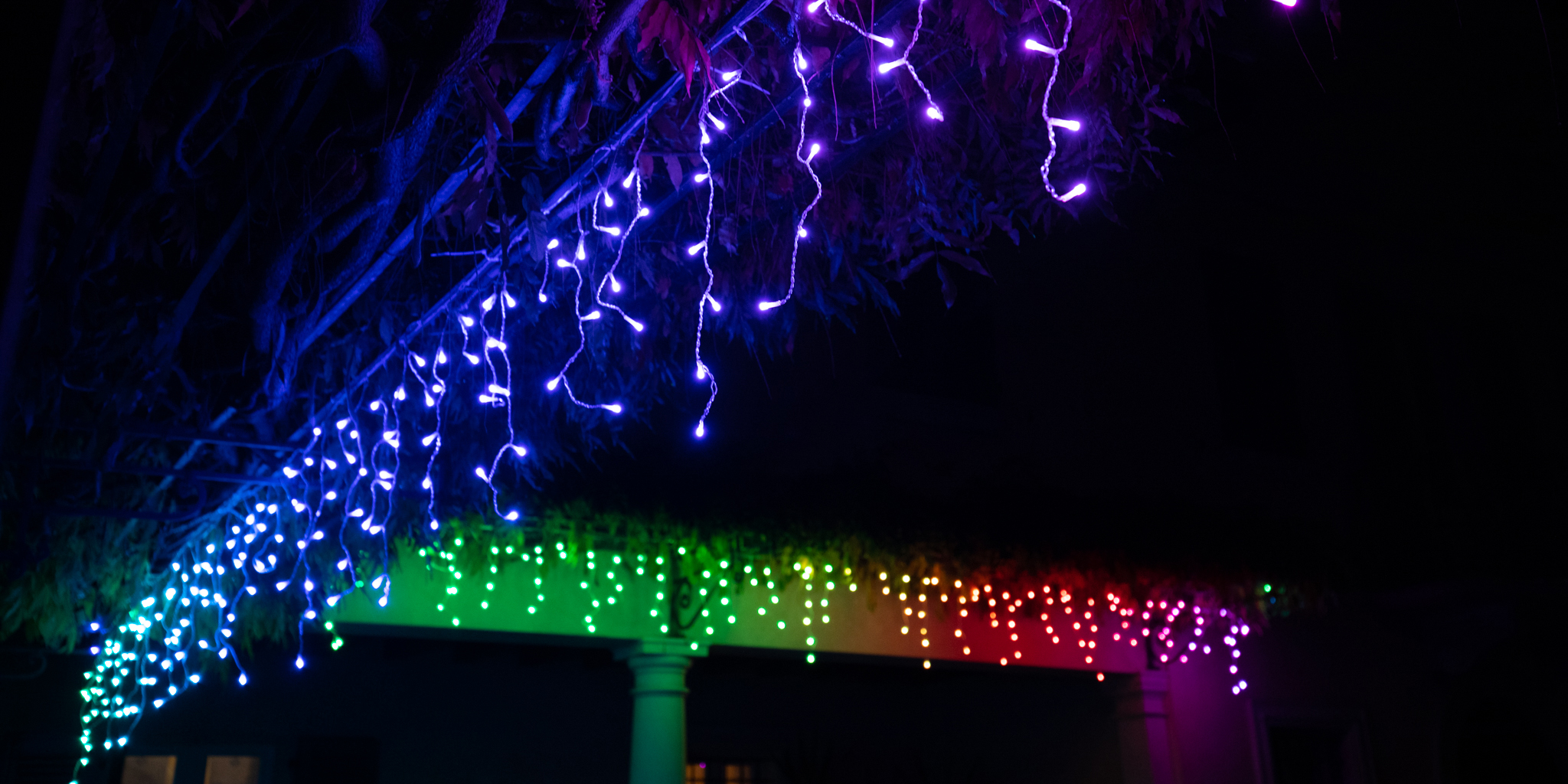 Lichterketten, die nachts von einer Pergola hängen, mit verschiedenen Farben. Schwarzer Hintergrund.