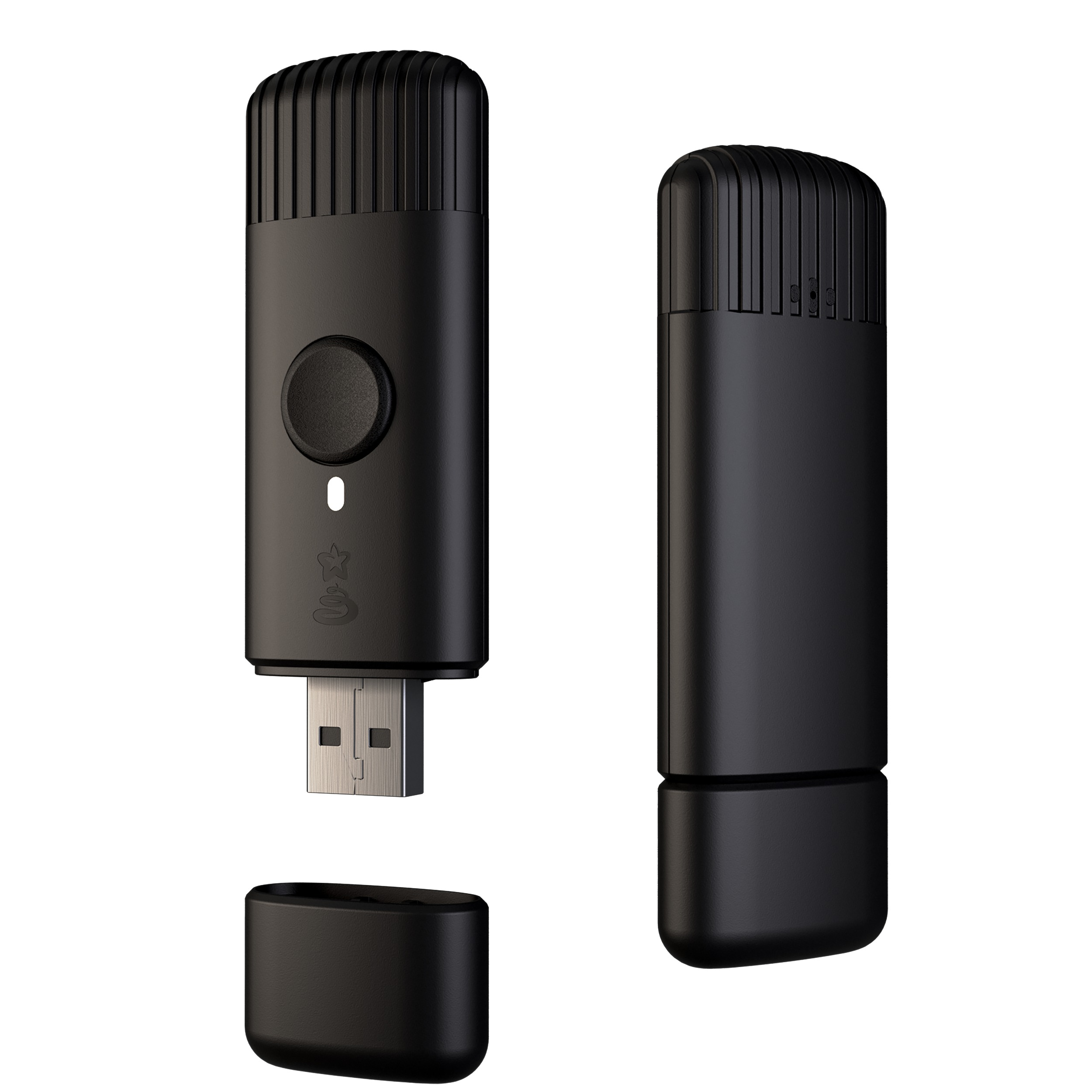 Schwarzes USB-Gerät mit Knopf, Licht und USB-Anschluss. Außerdem eine schwarze Kappe.