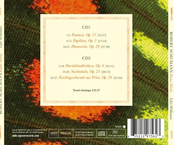 Rückseite einer CD-Hülle mit Text über Robert Schumanns Klavierwerke.