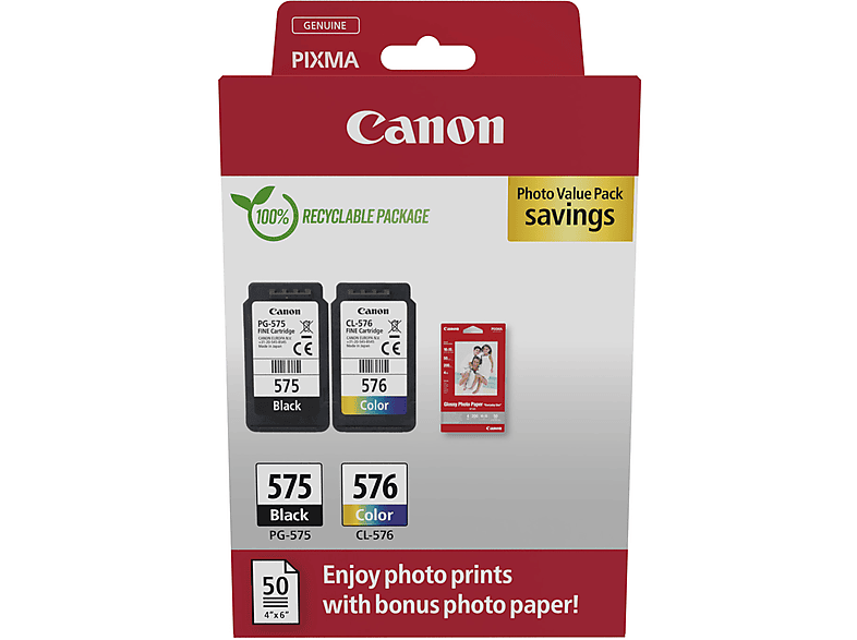 Canon Pg-575 Zwart + Cl-576 Cyaan - Magenta Geel Fotopapier (50p) (5438c004)