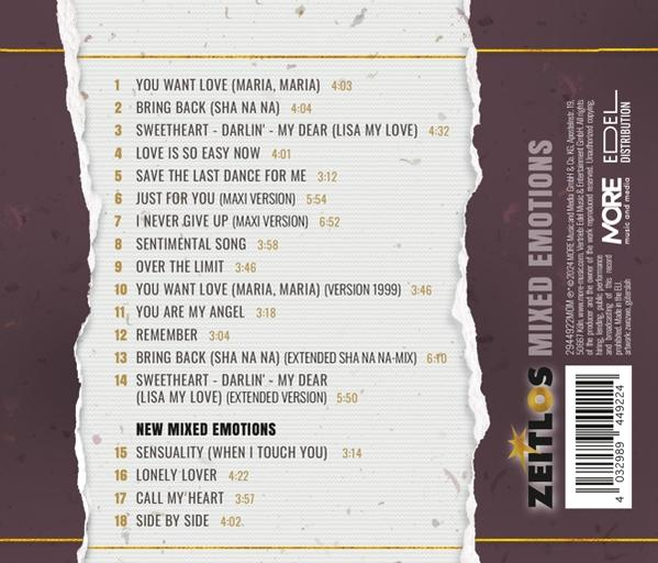 CD-Cover, Zeitlos Mixed Emotions, mit Titelliste und Logo. Der Hintergrund ist eine Mischung aus Weiß, Braun und einem Hauch von Lila.
