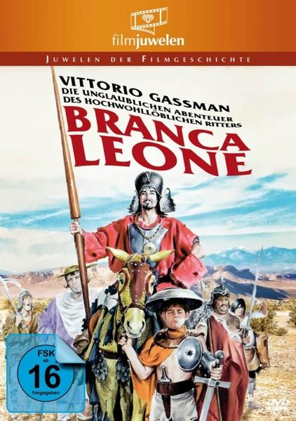 DVD-Cover eines Films, Brancaleone. Ein Mann mit einem Speer und eine Gruppe von Leuten auf Pferden.
