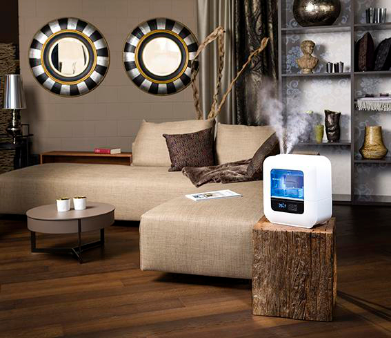 Wohnzimmer mit Sofa, zwei Spiegeln, Luftbefeuchter auf Holzblock und Deko-Artikeln auf Regalen im Hintergrund.