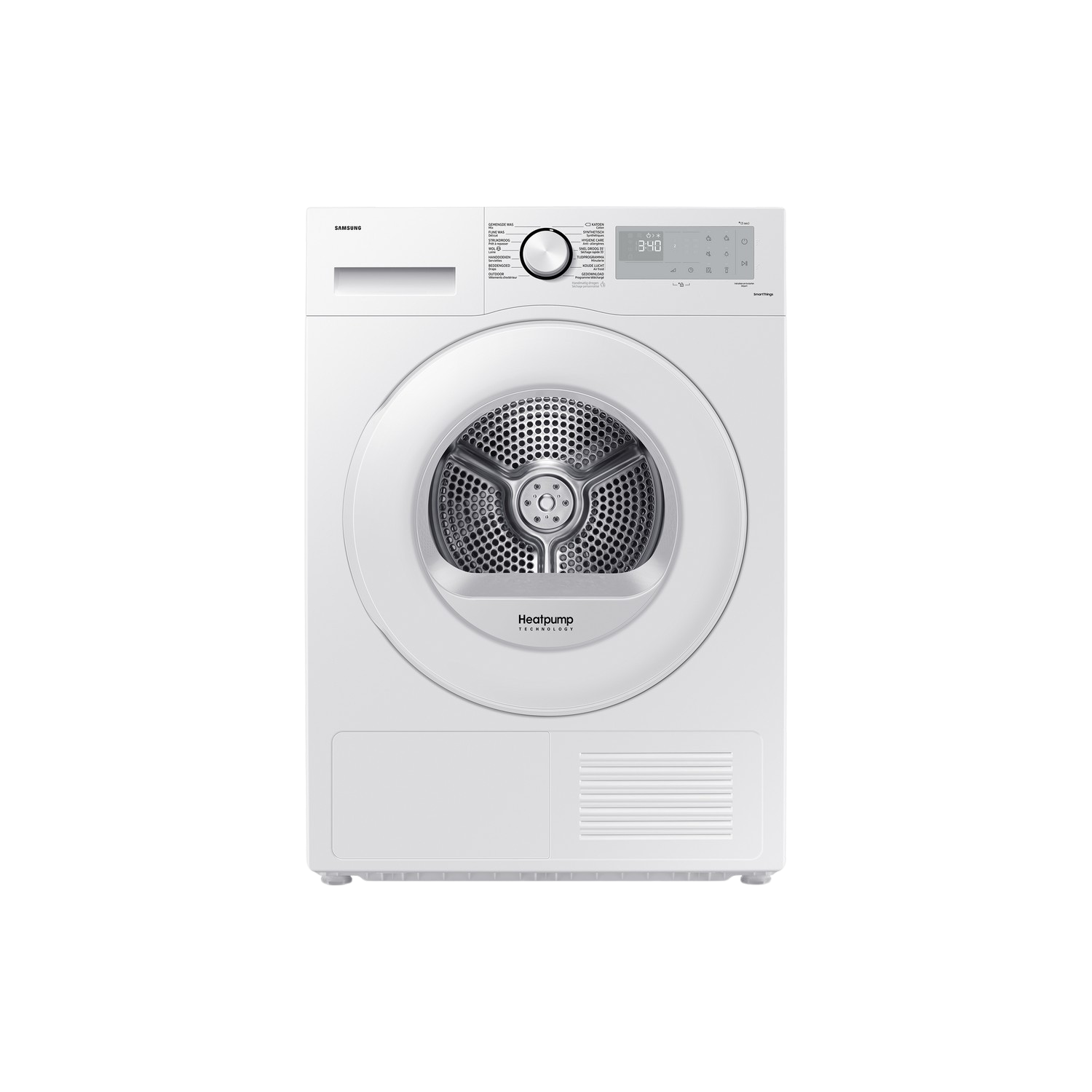 Witte Samsung droger. Ronde deur met een gaasinterieur, bedieningspaneel en een klein display met 3:40.