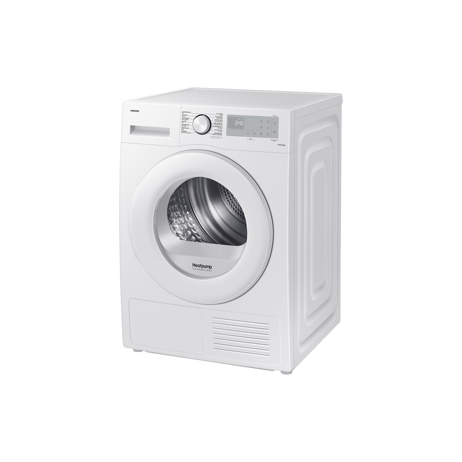 Witte Samsung droger met ronde deur, digitaal display en verschillende knoppen.