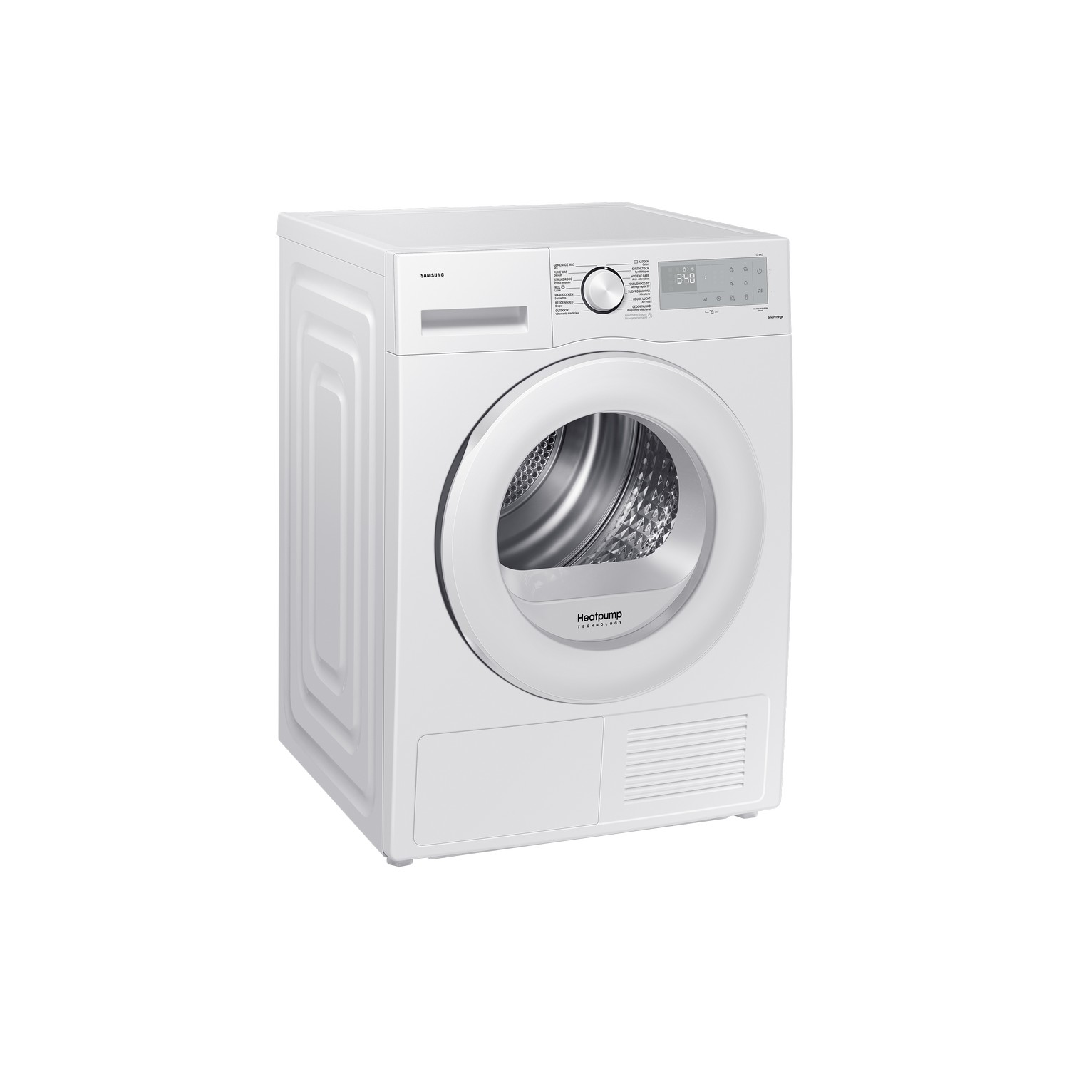 Een witte Samsung droger. De voorkant heeft een deur, een bedieningspaneel en een digitaal display.