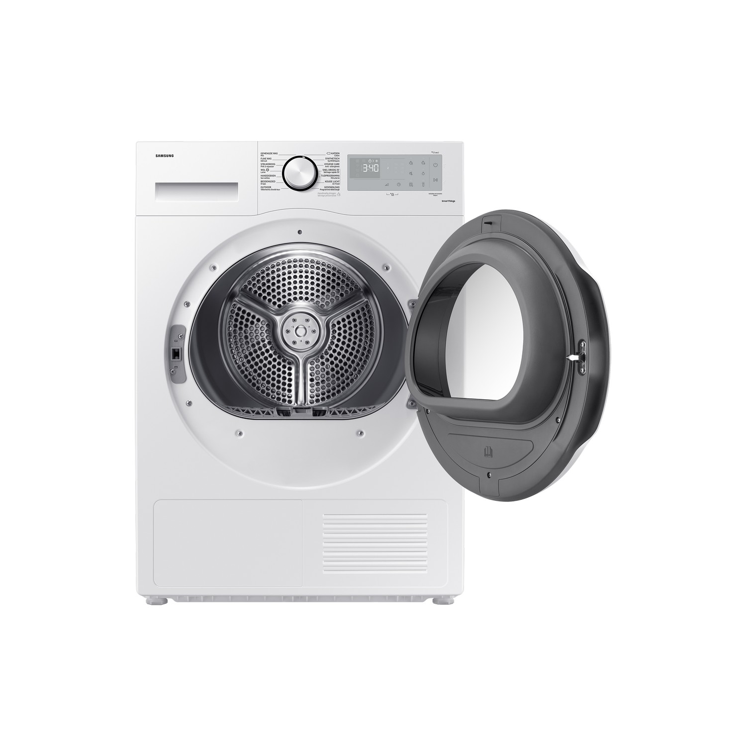 Witte wasmachine met de deur open.