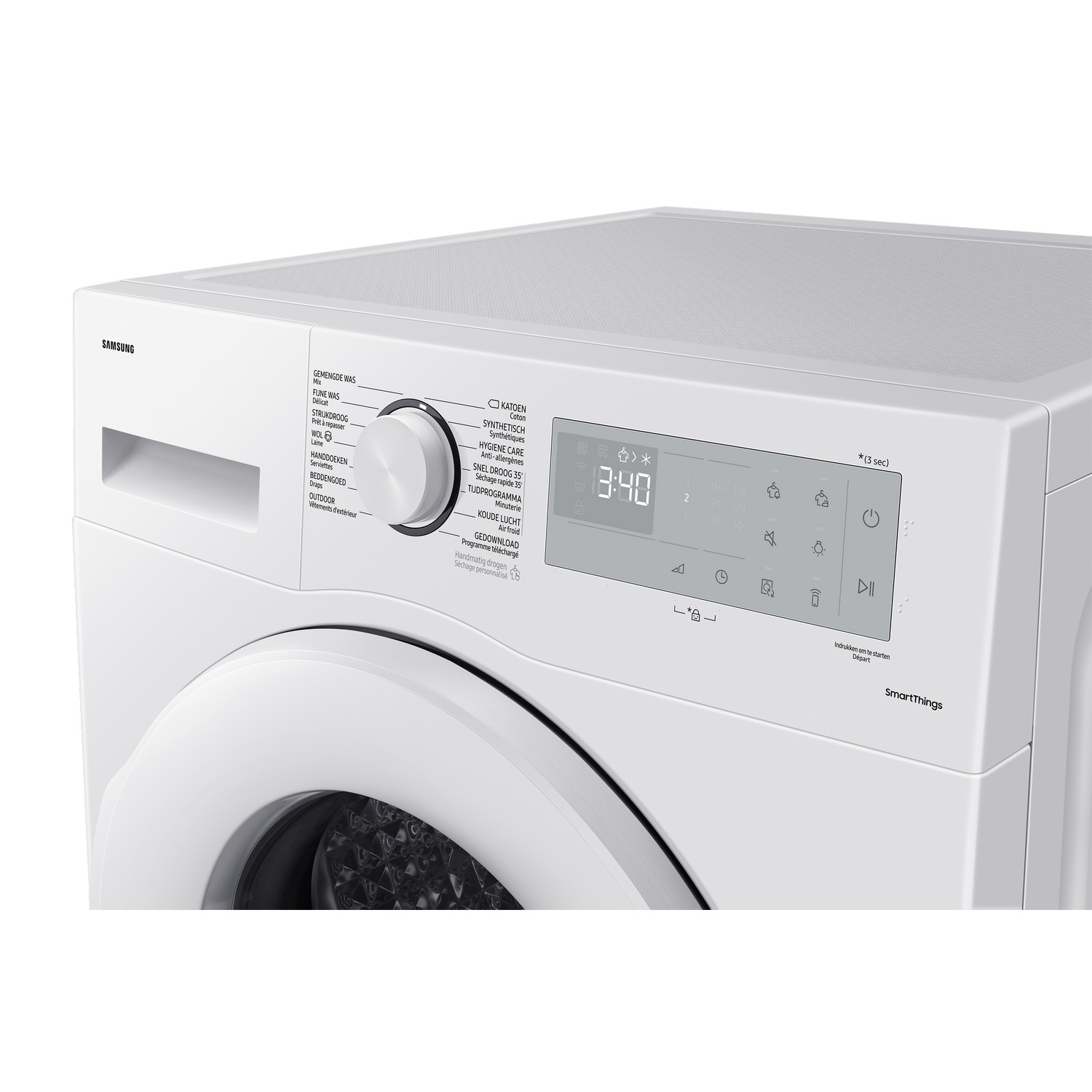 Close-up van het bedieningspaneel van een witte wasmachine.