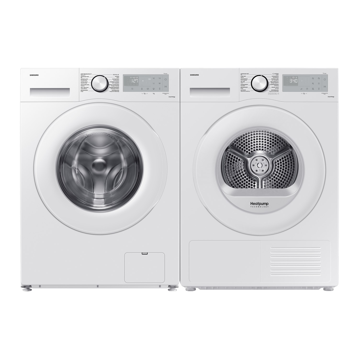 Twee witte Samsung wasmachines naast elkaar. Eén is een wasmachine en de andere een droger.