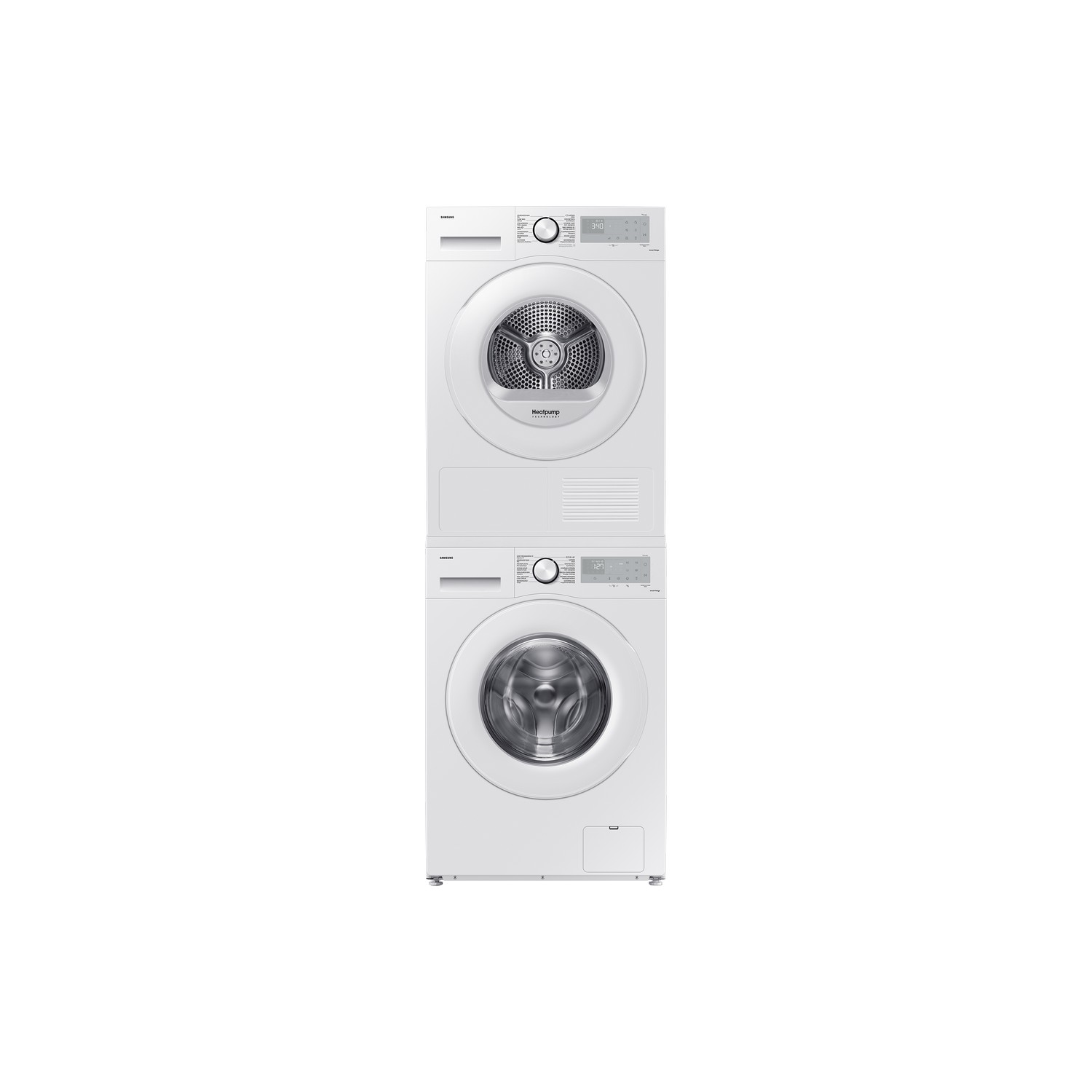 Een gestapelde witte wasmachine en droger. De wasmachine staat onderaan. Beide hebben bedieningspanelen en deuren.