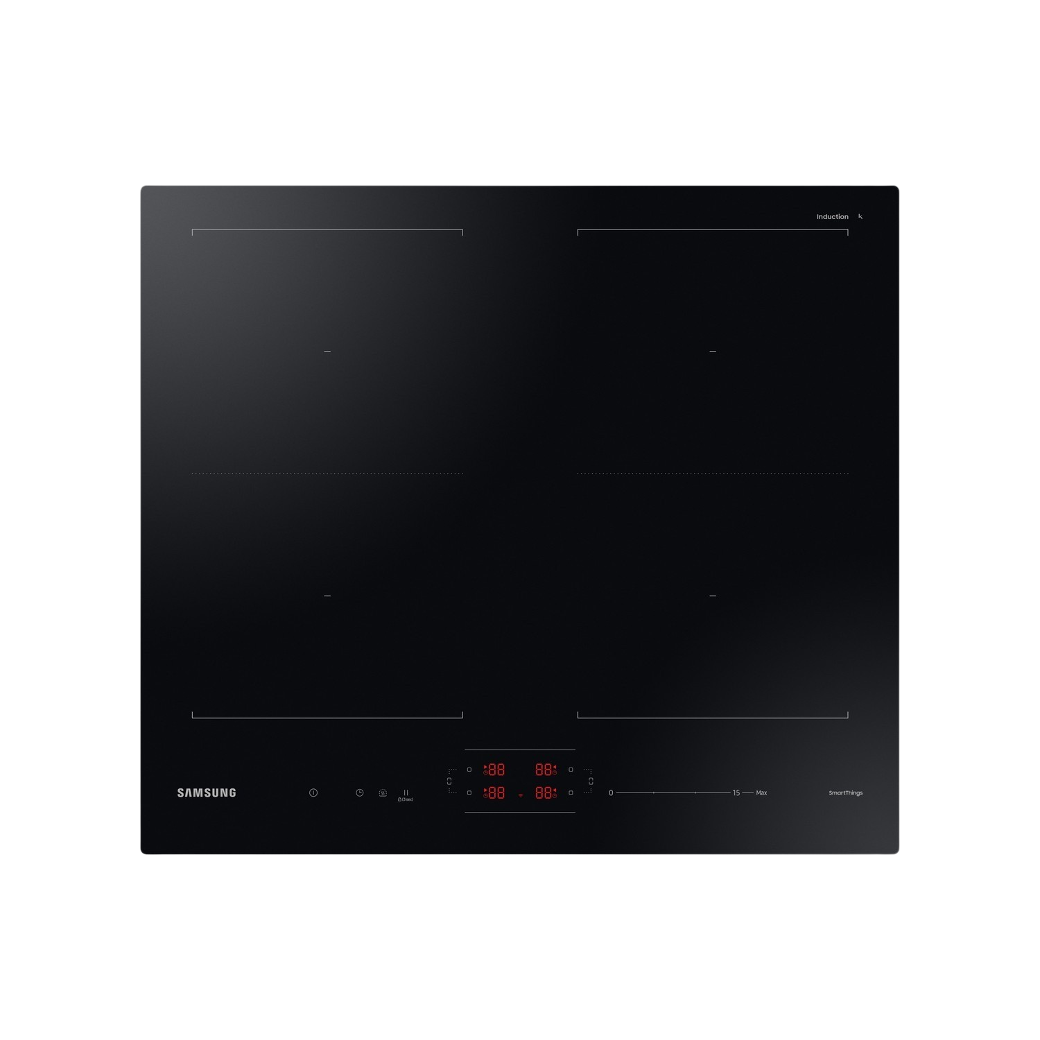 Zwart Samsung inductiekookplaat met vier kookzones en digitale bediening.