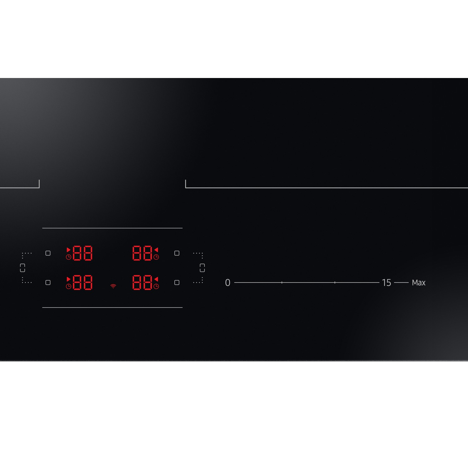 Zwart kookplateau met vier rode digitale displays en een schaal van 0-15.