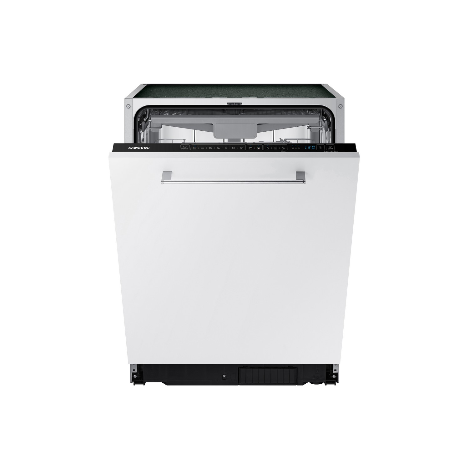 White Samsung dishwasher with the door open, showing interior racks and control panel.