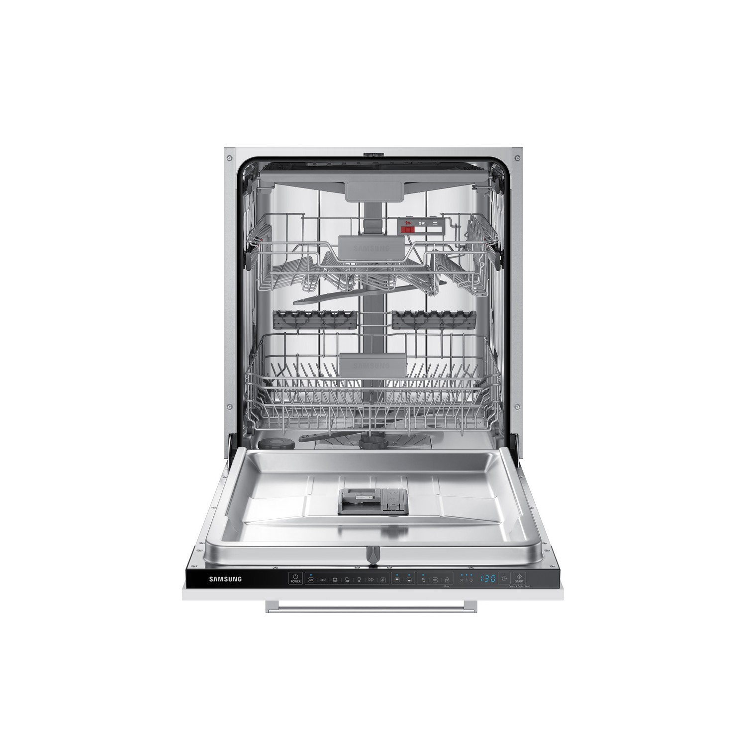 A dishwasher with an open door. The interior is visible, with racks and spray arms.