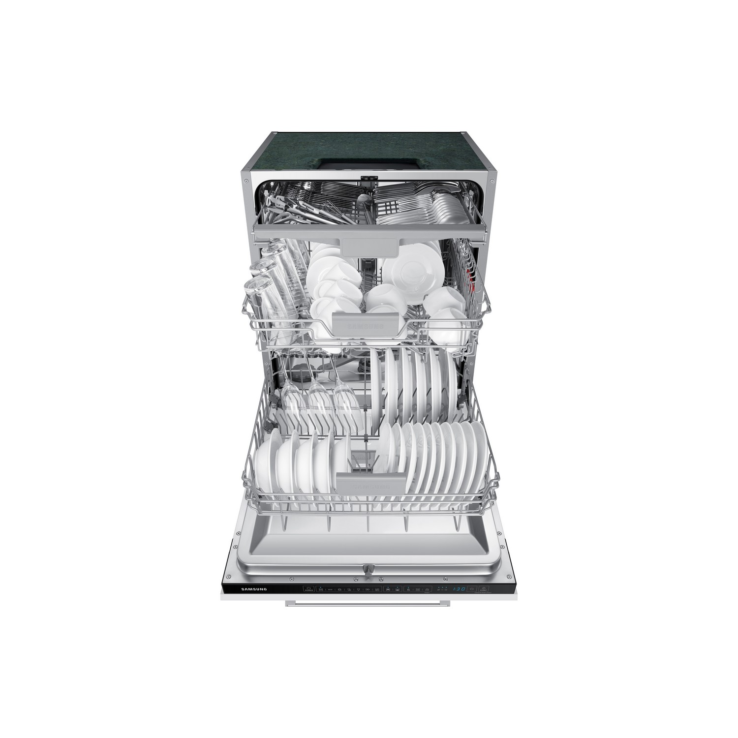 Dishwasher with open door, filled with clean dishes, glasses, and silverware. It's on a white background.