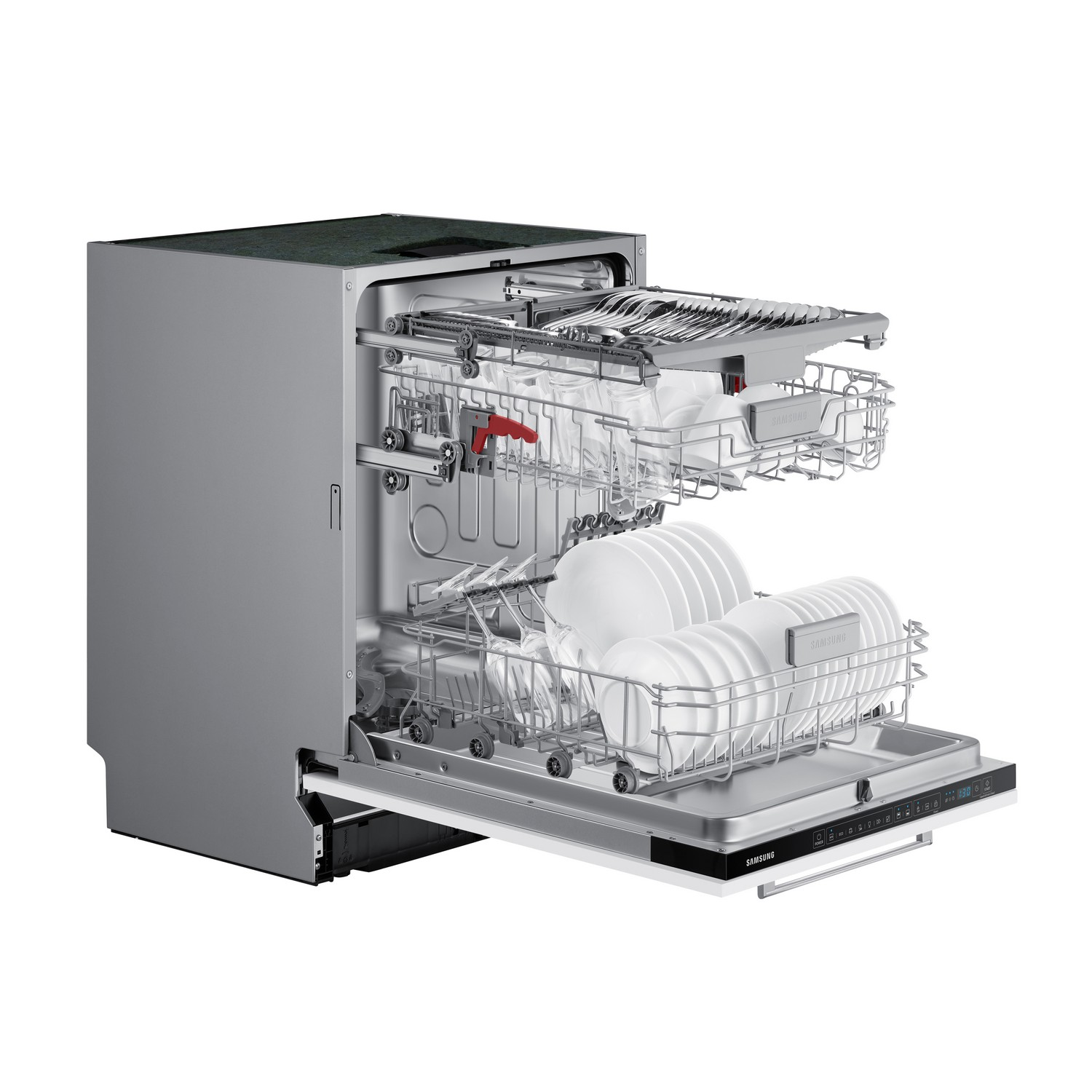 Silver dishwasher with opened door showing dishes and racks.