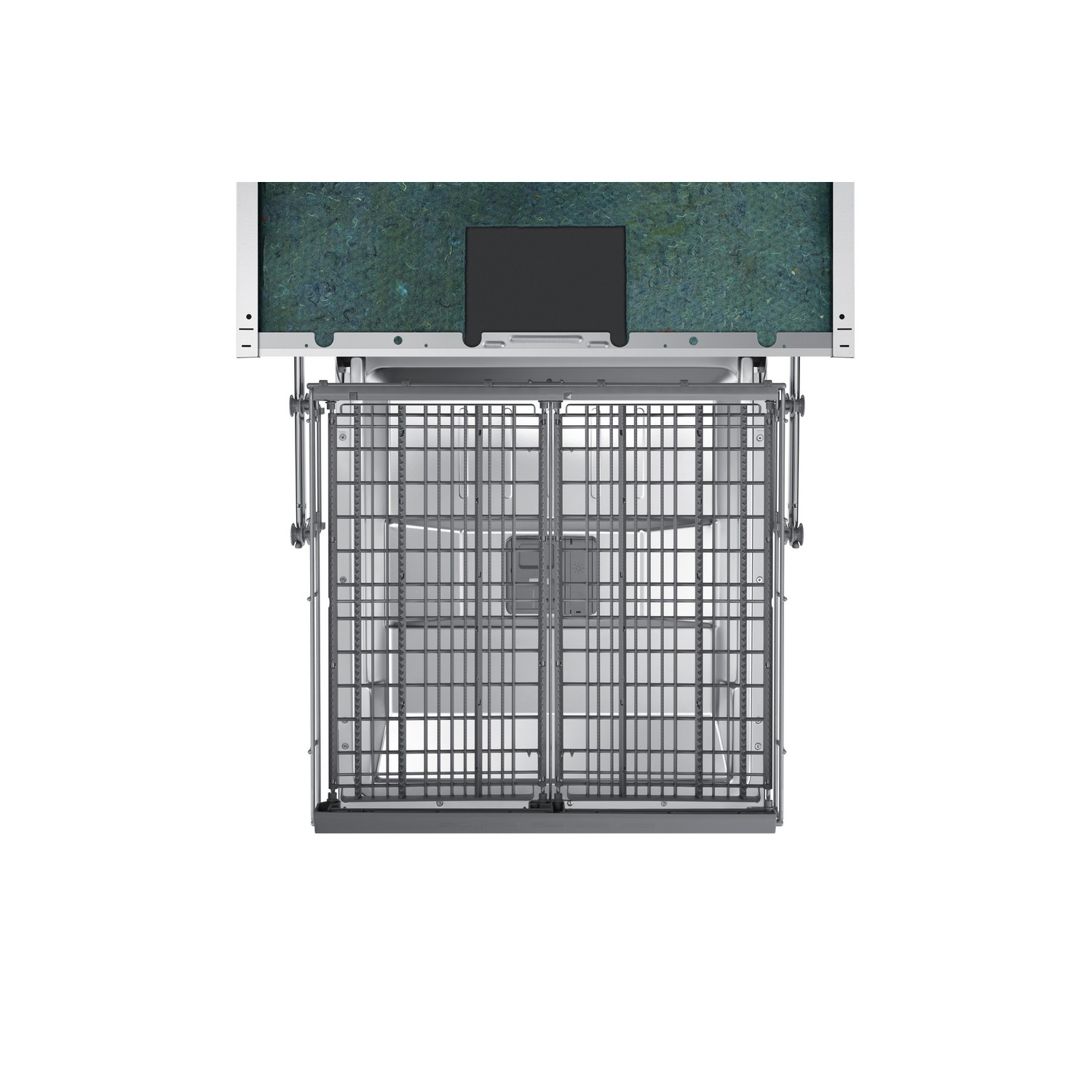 Dishwasher interior with shelves, white and grey, top view.