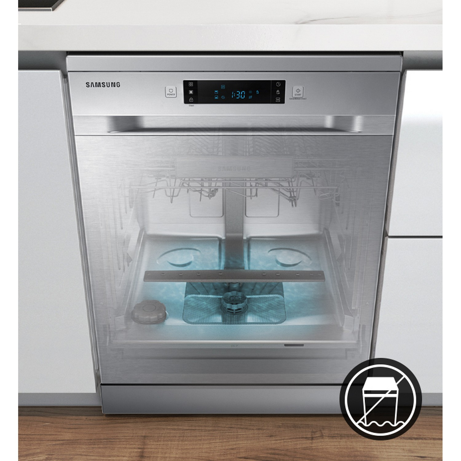 A stainless steel Samsung dishwasher. Open, showing the interior racks and a blue light.