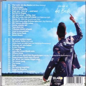 Rückseite einer CD-Hülle. Zeigt einen Mann, der nach oben zeigt. Verschiedene Songtitel aufgelistet.
