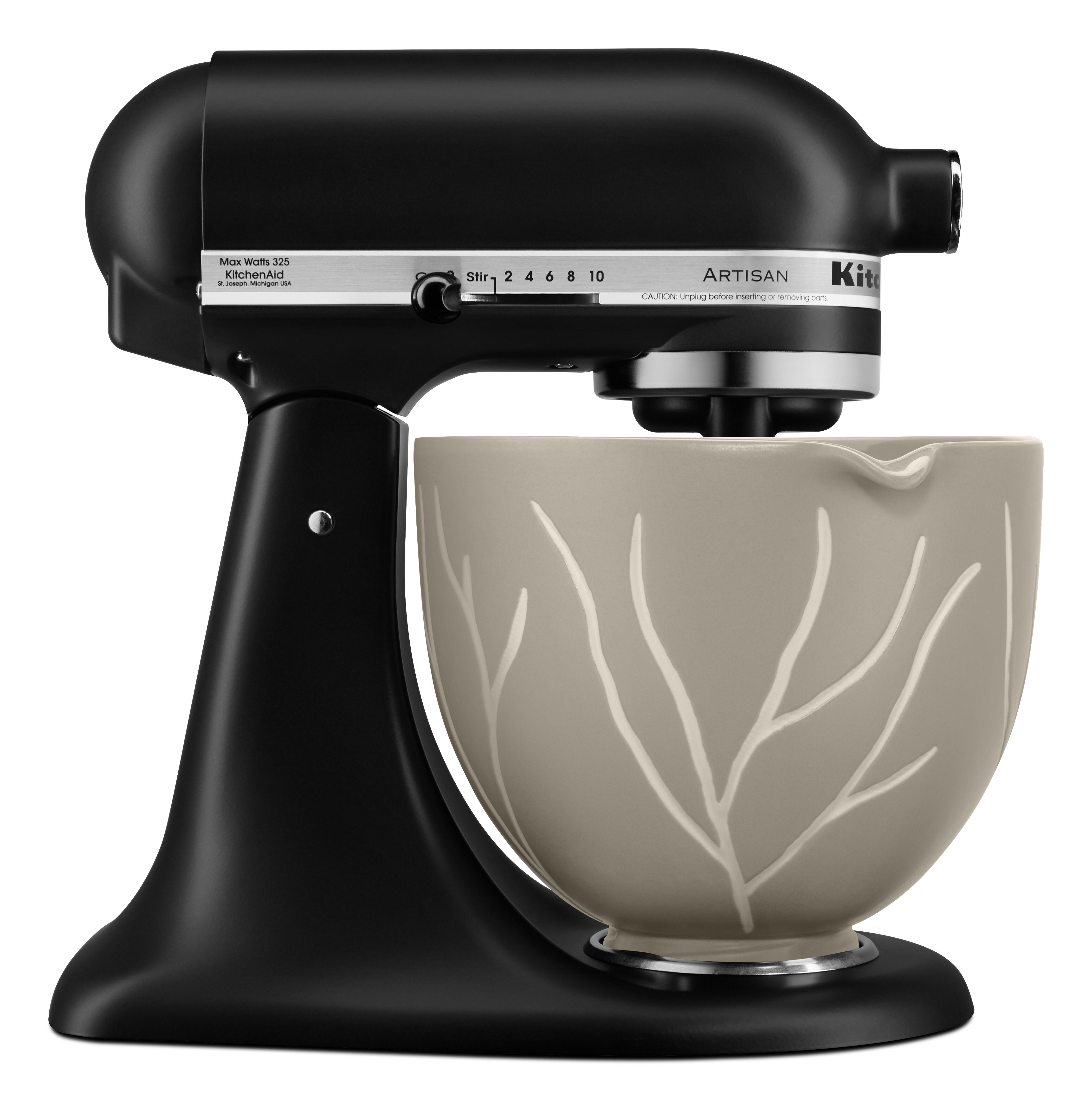 Schwarzer KitchenAid-Küchenmixer mit grauer Schüssel. Ein silberner Drehzahlregler ist sichtbar.