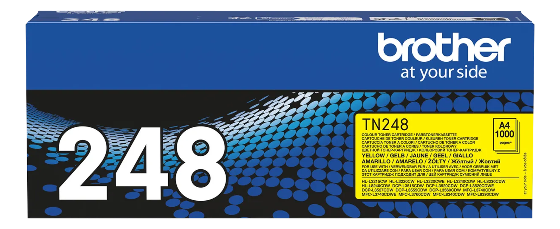 Una cartuccia toner Brother TN248 blu e gialla. Visualizza il logo 'Brother' e le informazioni sul prodotto.