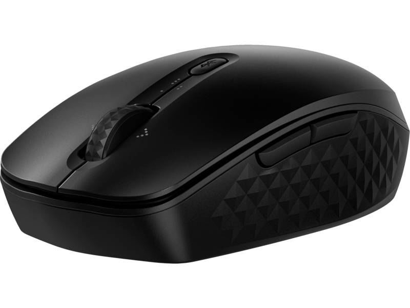 Schwarze kabellose Maus mit Scrollrad und Tasten, auf schwarzem Untergrund.