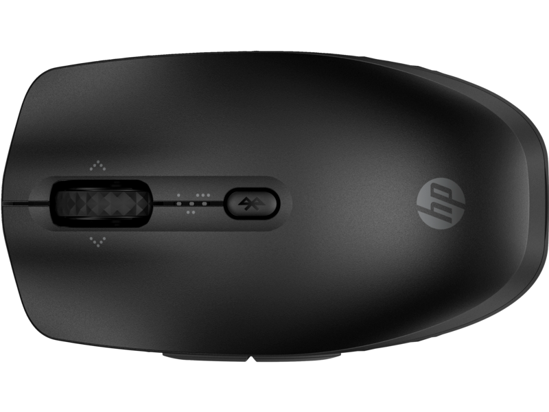 Schwarze HP-Computermaus. Mit Scrollrad und Bluetooth-Taste. HP-Logo rechts.