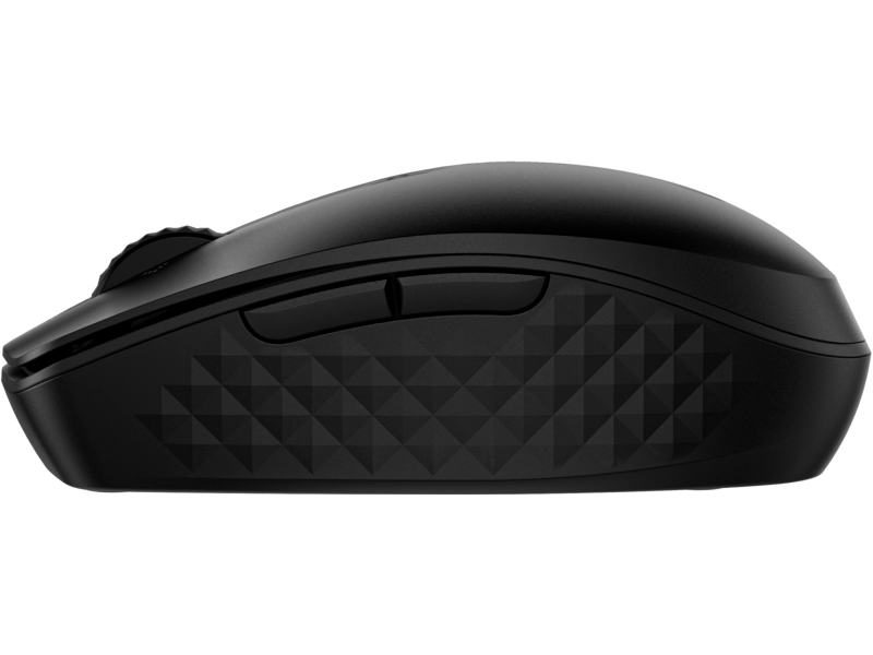 Schwarze Computermaus mit Rautenmuster an der Seite, glattes Design und zwei Tasten links.