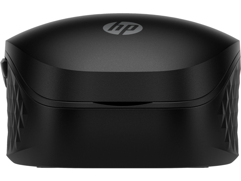 Schwarze HP-Maus. Die Maus ist oval und hat ein HP-Logo. Der Hintergrund ist weiß.